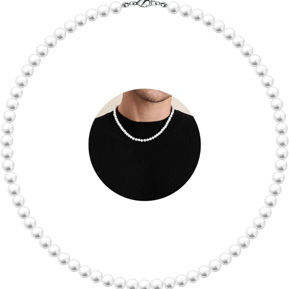 Pearl Necklace for Men, 16''-24'' Pearl Necklaces for Women, 6/8mm White Pearl C